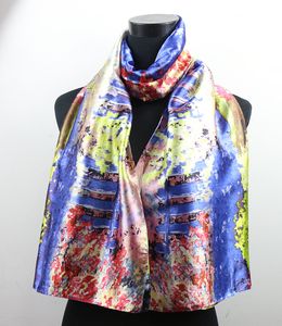 1 Sztuk Niebieski Ogród Różowy Ogrodzenia Szaliki Damska Moda Satyna Olej Malowanie Długi Wrap Szal Beach Silk Scarf 160x50cm