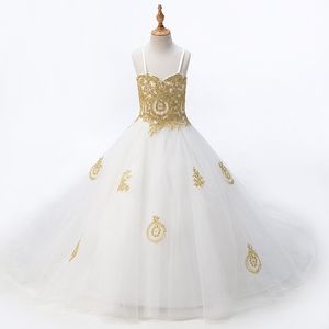 2022 Fashion White With Gold Lace Flower Girls Dresses Princess Designer For Wedding Kids Girls Tulle Ruched With Spaghetti straps248G