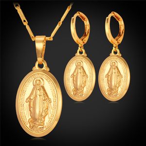 Jungfrau Maria Schmuck Set Neue Trendy Rose Gold Platin K echtes Gold Überzogene Kreuz Jesus Stück Anhänger Halsketten Tropfen Ohrringe