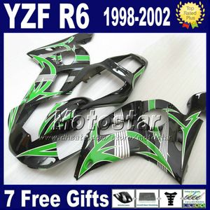 7 Gratis gåvor + Plastmakare för Yamaha YZF600 98-02 YZFR6 YZF-R6 1998 1999 2000 2001 2002 Svart Green Fairings Set VB93