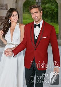 Custom Made One Button Red Groom Tuxedos Shawl Lapel Groomsmen Best Man Wedding Prom Dinner Suits (Jacket+Pants+Vest+Tie) G5165