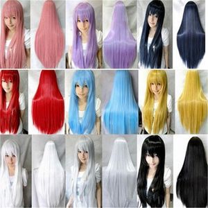 WoodFestival 人工毛ストレートロングかつら前髪コスプレかつら女性のためのピンク、赤、青、紫、ブロンド、ブラウン、ブラック、グリーン 80 センチメートル