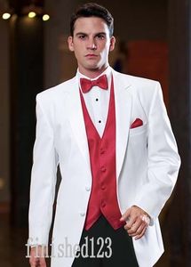 Fashionable Two Button White Groom Tuxedos Notch Lapel Groomsmen Best Man Wedding Prom Dinner Suits (Jacket+Pants+Vest+Tie) G5178