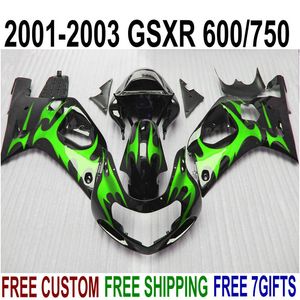 ABS Motorcykel Fairings Set för SUZUKI GSX-R600 GSX-R750 2001-2003 K1 Gröna flammor i Svart Fairing Kit GSXR600 / 750 01 02 03 SK4