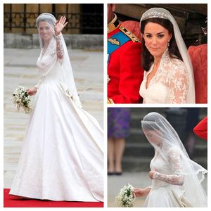 Kate Middleton Hochzeitskleid, Brautschleier, elfenbeinfarbener Spitzenrand, einlagig, Vintage-Brautaccessoire für Bräute, Kapellenlänge 150 cm, handgefertigt