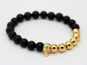 2015 Hot Sale Ny design Smycken Partihandel Toppkvalitet Real Gold Plated Skull Yoga Armband med Natural Matt Agate Stone Pärlor