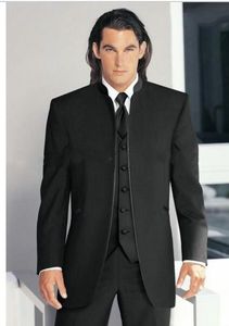 Classic Black Groom Tuxedos Stand Collar Groom Man passar m￤n Br￶llopsdr￤kt Brudgum Anpassad jacka och byxor med v￤st