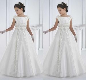 İlk Communion Elbiseler Kat Uzunluk Prenses Beyaz Çiçek Kız Elbise Kız Beyaz Communion Elbiseler Vestidos de Comunion