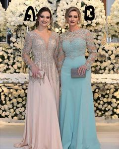 2018 Sexy Mãe Da Noiva Vestidos Jewel Neck Mangas Compridas Prata Frisado Lace Apliques de Contas Chiffon Plus Size Vestido de Festa Vestido de Noite