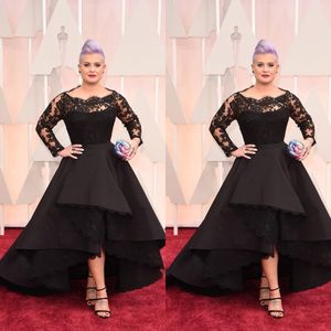 Lange formelle Kleider in Übergröße von Kelly Osbourne Celebrity Black Lace High Low Red Carpet Sheer Abendkleider Rüschen Partykleider