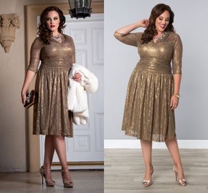 Günstige Goldspitze Plus Size Kleider für besondere Anlässe, transparente Ärmel, Teelänge, elegante, glänzende Champagner-Abendball-Abendkleider mit V-Ausschnitt