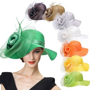 Lawliet Wide Brim Womens Satin Crin Feather Veather Flower Flower Church Derby Race Tea Party Dress Hat A433