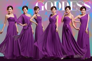 2019 purpurowe druhny sukienki 6 style ciasne plisy eleganckie ruffles Szyfonowa długi projektant Plus Size Długość Dłuk Druhna Druhna