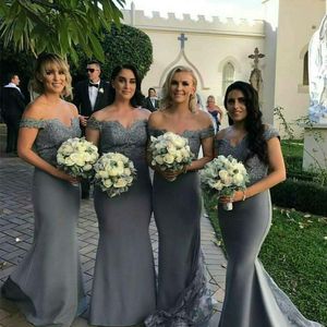 Gray Lace Satin Wedding Guest Dresses Off Shoulder Applique Mermaid Sweep Train Bridesmaid Dress Custom Made Elegant Bridesmaids Dresses