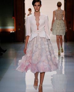 Charming Pink Short Prom Dresses Deep V Neck Beaded Evening Gowns Sleeves A Line Vestidos De Fiesta Tea Length 3D Appliqued Formal Dress 415