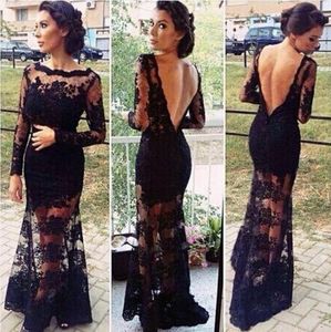 2017 Preto Vestidos de Noite Real Imagem Bateau Bainha Sheer Lace Vestidos de Baile com V Aberto de Volta Ilusão Mangas Compridas Formais Vestidos Longos