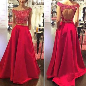 Spring Two Pieces Party Dresses A Line Off the Shoulder Cut Out Open Back Beaded Crop Top Prom Gowns Custom Made Pockets