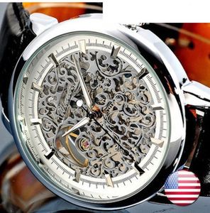Sıcak Satış Promosyon Fiyat Kazanan Erkekler Altın İskelet El Rüzgar Mekanik Saatler erkek Moda Deri Saatı Montre Homme