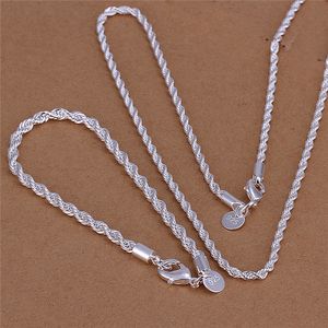 S051 4MM high quality 925 sterling silver twisted rope chain necklace (20inches) & Bracelets (8inches) Fashion Jewelry Set For Men