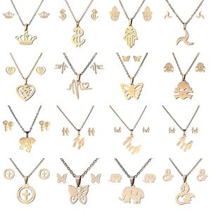 16 stili Set di gioielli in acciaio inossidabile 316L Corona Teschio farfalla Elefante Collana pendente cuore Set di orecchini per gioielli di moda da donna