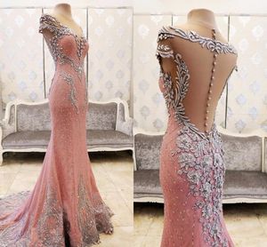 Shinning Rosa Prom Vestido Sereia Com Cristais Frisados ​​Sheer Decote Apliques Pageant Vestido Celebridade Especial Ocasião Vestidos Vestidos de Noite