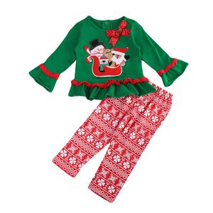 キッズクリスマスパジャマ女の子服セット漫画の衣装長袖トップス+花のズボン2ピーススーツ子供服秋の赤ん坊の服