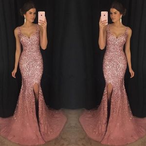 Gorgeous Sparkly V-Neck Mermaid Formal Pageant Dresses Lxuxry Crystal Beaded Prom Dress Major Beading Split Sweep Train Evening Dress