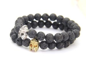 New Design 8mm Black Lava Energy Stone with Roman Warrior Helmet Bracelet Fashion Spartan Jewelry for Mens Gift