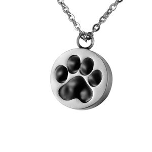 Lily Stainless Steel Black Glue Pet Dog Paw Round Cremation Jewelry Ashes Pendant Keepsake Memorial Urn Necklace with Gift Bag And Chain