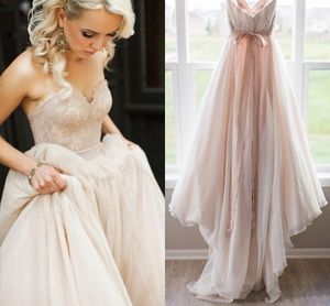 Blush Vestido noiva klänningar älskling rygglös båge sash boho bröllopsklänningar spetsar applicerad mantel de mariage