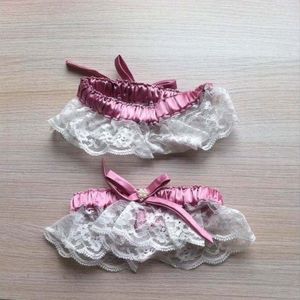 Custom Made Beautiful Wedding Garters In Stocks Sales 2015 with Shining Pearl and Lovely Dark Pink Bowknot Ivory Lace Bridal Garters