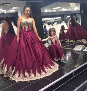 Real Photos 2017 Burgundy Elastic Silk Like Satin Champagne Gold Lace Applique Mother And Daughter Matching Prom Dresses EN103111