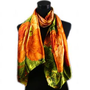 1pcs Hunt Women's Fashion Satin Scarves Orange Pattern Oil Painting Long Wrap Shawl Beach Silk Scarf 160X50cm