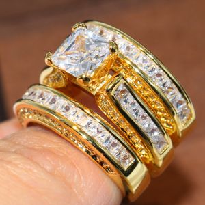 Größe 5–11, funkelnder Modeschmuck, quadratisch, 14 KT Gelbgold gefüllt, Prinzessinnenschliff, weißer Topas, Party-Edelsteine, CZ-Diamant, Damen-Ehering
