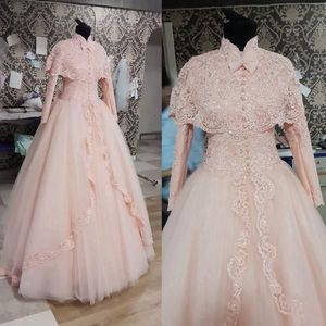 2015 luz rosa vestidos de casamento fabuloso alta pescoço vestidos de casamento do laço com jaqueta gola alta muçulmano vestido de noiva botão frente arco laço