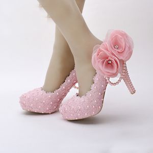 Pink White Flower Lace Platform Bridal Shoes Beautiful Women High Heels Handmade Lace Wedding Dress Shoes Girl Birthday Party Pumps
