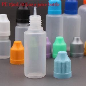 Bottiglie di succo di PE 15 ml all'ingrosso con tappo a prova di bambino Punta contagocce lunga e sottile Bottiglie di plastica E liquide 1/2 OZ 2200 Pz / lotto