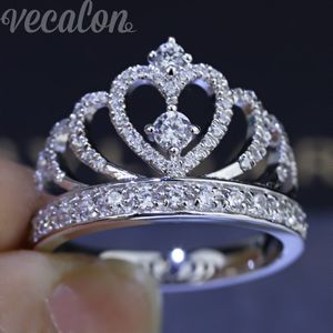 Vecalon 2016 Anello corona femminile Diamante simulato Cz Anello in argento sterling 925 con fede nuziale di fidanzamento per donna