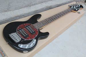 Music Man StingRay 5-String Bass Guitar with Black Finish, Red MOP Pickguard, and Active Pickups