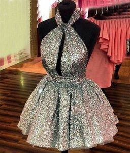 Sparkly Silver Sequined Homecoming Dresses 2016-2017 Halter Sexy Backless Short Prom Dresses Hollow Front Formal Party Dresses Cheap