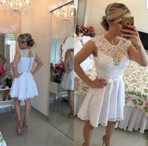 2016 New Cheap Homecoming Dresses Jewel Neck Cap Sleeves Full Lace Short Mini With Bow Hollow Back Party Dress Plus Size Cocktail Gowns
