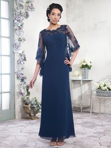 Navy Blue Mother of the Bride Dresses Chiffon A Line Floor Length Long Evening Dress Prom Gowns Elegant Style Tulle with Applique Cape