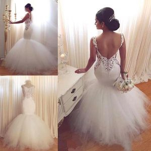 Muhteşem 2016 Seksi Sevgiliye Backless Tül Mermaid Gelinlik Puf Modest Dantel Boncuklu Uzun Gelin Törenlerinde Custom Made EN73010