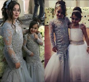 Shinning Light Gray Lace Mermaid Flower Girl Dresses For Wedding 2017 Sequins Beaded Long Sleeves Girls Pageant Gowns Children Party Dresses
