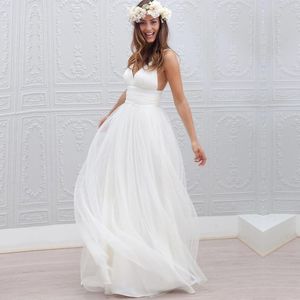 2021 Sexy Biały Suknie Ślubne Szyfonowe Plaża Tanie V Neck Spaghetti Pasek Plus Size Wedding Party Suknie ślubne QC153