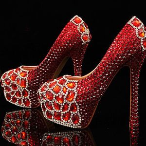 Mais novo dedo do pé redondo cristais vermelhos com diamantes vermelhos strass sapatos de casamento de noiva vermelho lindo sapatos de baile de salto alto plus size2290
