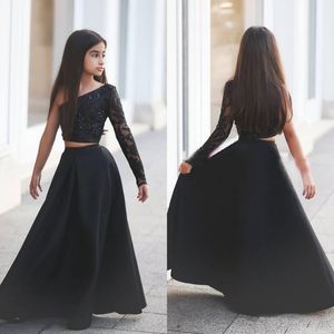 Stunning Girls Pageant Dresses A Line Popular Two Pieces Formal Gowns Black One Shoulder Long Sleeve Lace Appliques Crop Top