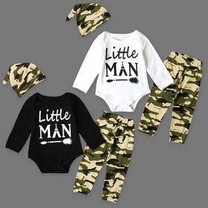 Nowe Baby Boys Ubrania Zestawy Ins Niemowlę Toddlers List Drukowanie Romper + Kamuflaż Długie Spodnie + Kapelusz 3 szt. Garnitury Z11