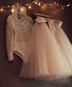 2016 Two Pieces Evening Dresses Long Tutu Tulle Ribbon Lace Long Sleeve Prom Dresses Customized Modest Formal Dresses Party Evening Gowns