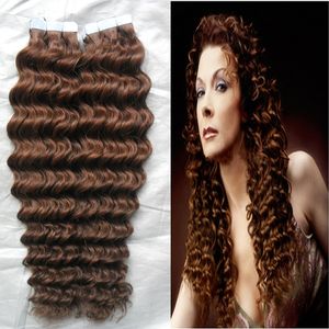 10-28" Tape Hair Extensions Virgin 100G Human Tape In Hair Extension Skin Weft PU Extension Remy 30 Auburn Brown Curly Tape Hair